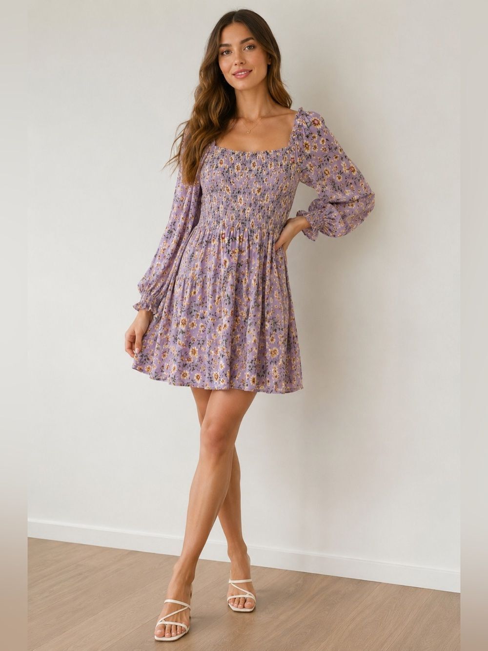 Angie Boho Floral Smocked Balloon Sleeve Dress Size Medium